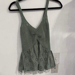 Francesca's Collections Sage Green Crochet & Eyelet Tank